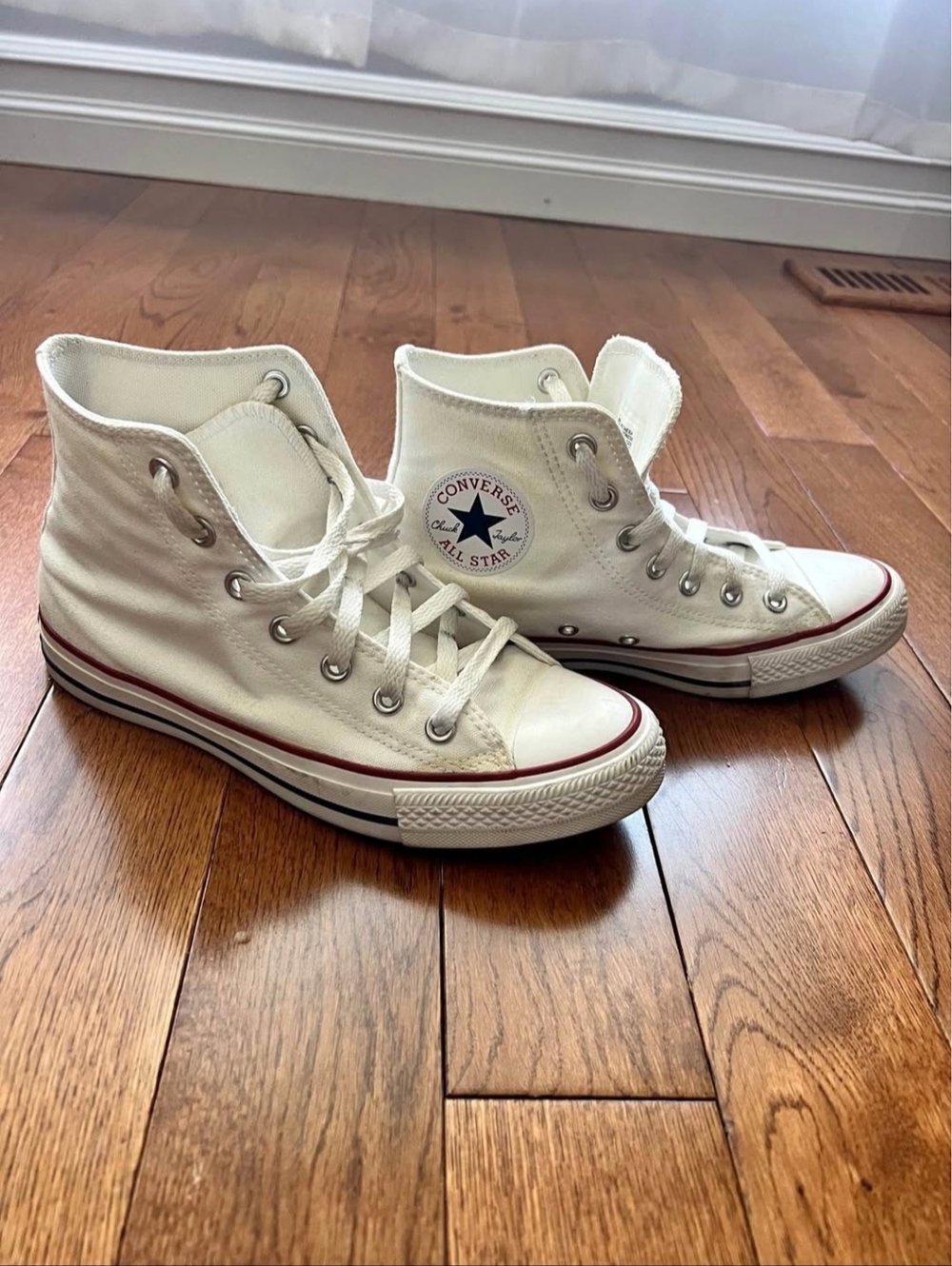 Converse White High-Top Sneakers with Red & Black Detailing